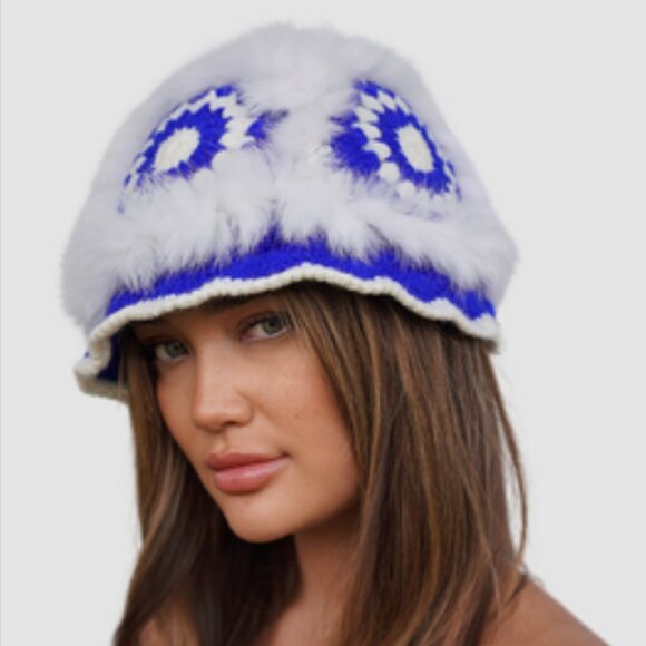 Blue Feathered Hand Knitted Bucket Hat - Picture 1 of 2